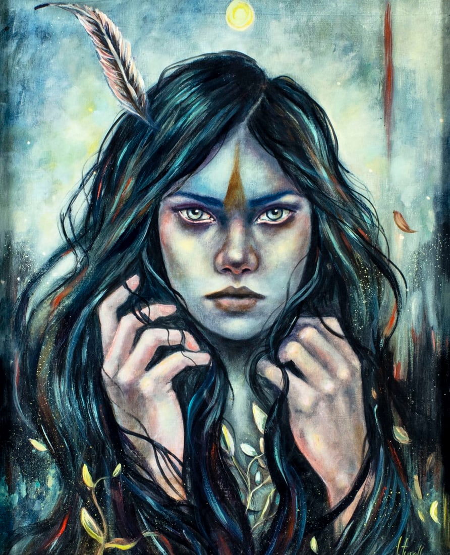 Ingrid Tusell Domingo (Spain,b 1978) acrylic painting: ARTIST: Ingrid Tusell Domingo (Spanish, born 1978) TITLE: Savage MEDIUM: acrylic on board CONDITION: Very good. No visible inpaint under UV light. ART SIZE: 17 x 14 inches / 43 x 35 cm FRAME SIZE: 22