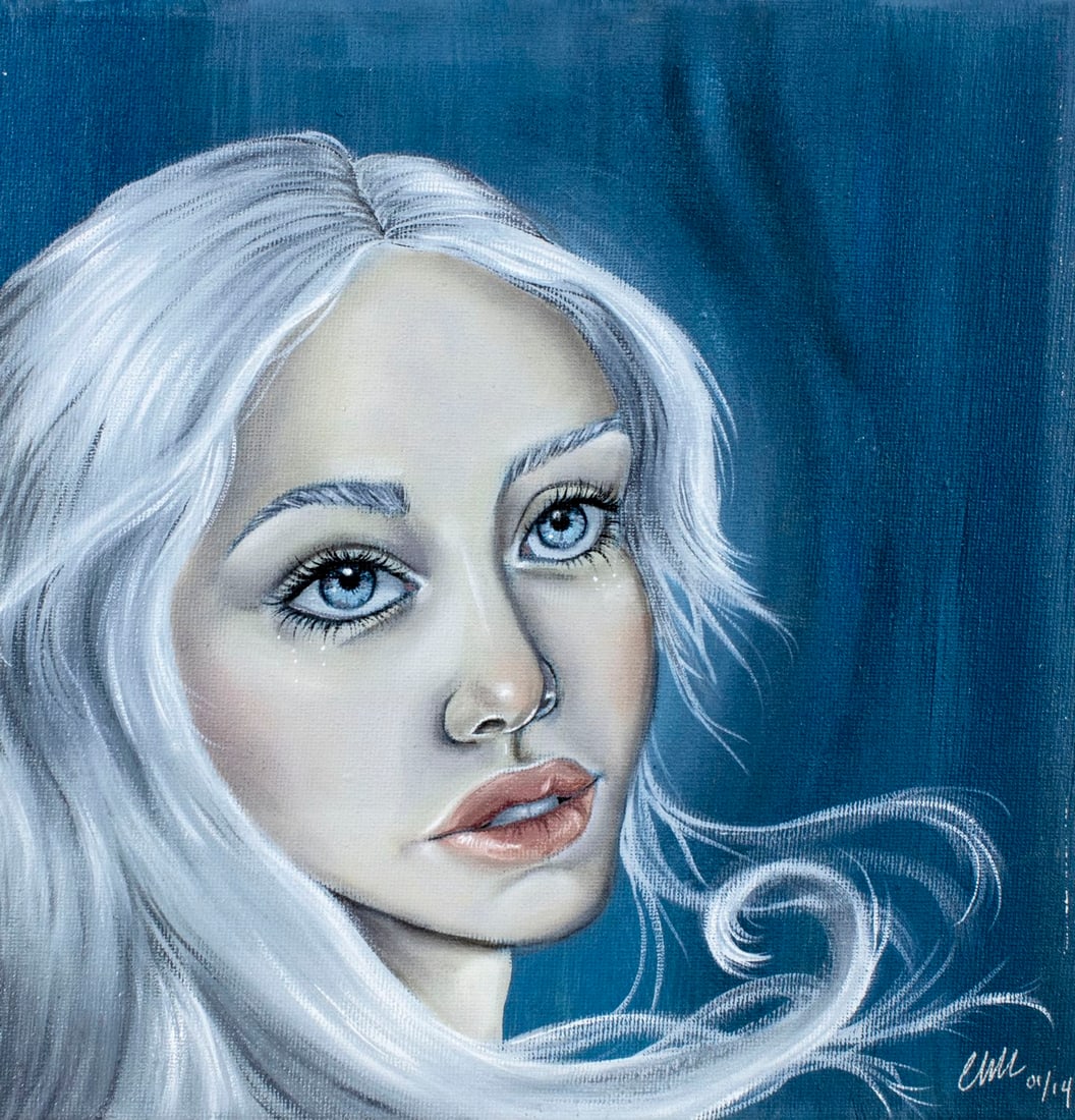 Christina Lank (US,Sweden,20/21C) acrylic painting: ARTIST: Christina Lank (American, Swedish, 20/21 centuries) TITLE: Under the Blue (titled on verso) MEDIUM: acrylic on canvas CONDITION: Few small paint losses. No visible inpaint under UV light. ART