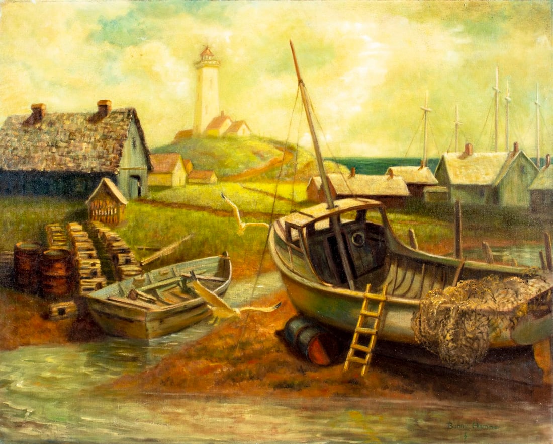 Bunny Hammer (PA,mid 20C) oil painting: ARTIST: Bunny Hammer (Pennsylvania, mid 20 century) TITLE: Fishing Town Scene MEDIUM: oil on canvas CONDITION: Minor scratches/paint losses mostly along edges. Minor craquelure. No visible inpaint und