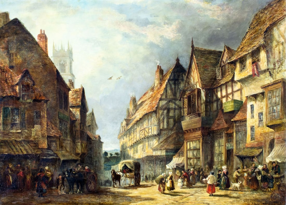 Antique 19C British oil painting signed: ARTIST: - (United Kingdom, 19 century) TITLE: European Street Scene MEDIUM: oil on canvas CONDITION: Few minor paint losses. Some craquelure. Normal wear to edges. Few scattered inpaitings. ART SIZE: 