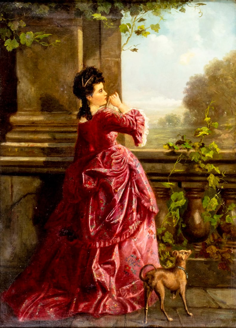 William Pistor (Europe,19C) oil painting antique: ARTIST: William Pistor (European, 19 century) TITLE: Lady with Dog MEDIUM: oil on canvas CONDITION: Relined. Few small patches. Few inpainted areas (biggest 1" x 1"). Minor scratches/paint losses. Min
