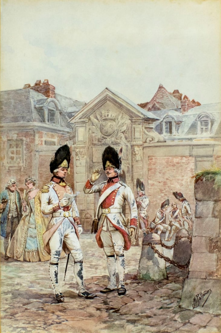 M Pallandre (French,19C) watercolor painting antique: ARTIST: M Pallandre (France, 19/20 century) NAME: Two Soldiers YEAR: circa 1899 MEDIUM: watercolor on paper CONDITION: Very good. Minor age toning. Framed under glass. Wear to frame. SIGHT SIZE: 17 x 