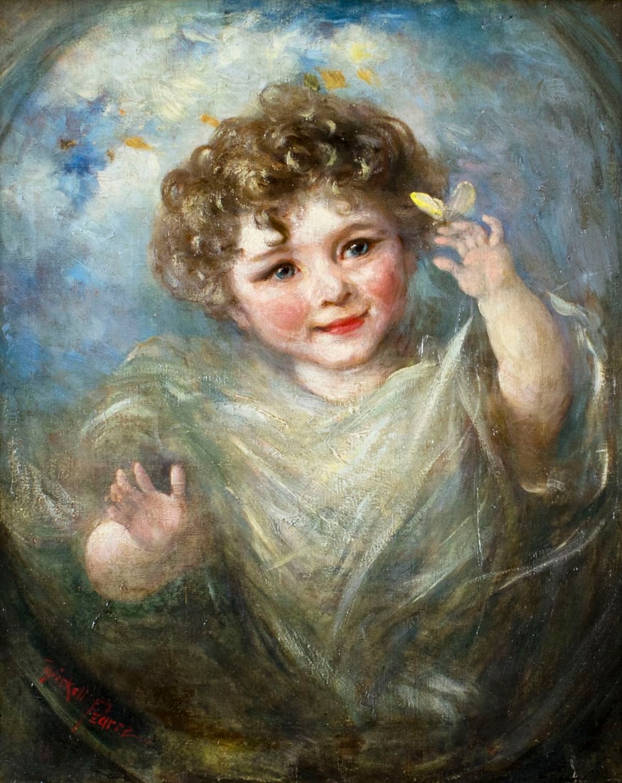 Thirkell Pearce (UK,19-20) oil painting antique: ARTIST: Thirkell Pearce (British, 19-20) NAME: Child with Butterfly MEDIUM: oil on canvas CONDITION: Relined. Missing a few flakes of paint. Minor craquelure. Few scattered inapaintings along lower ed