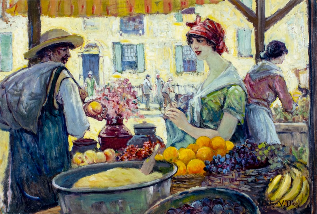 Arthur Diehl (MA,NY,UK,1870-1929) oil painting antique: ARTIST: Arthur Vidal Diehl (Massachusetts, New York, United Kingdom, 1870 - 1929) TITLE: Market Scene MEDIUM: oil on board CONDITION: Some damages to edges and corners. Minor paint losses. No visible