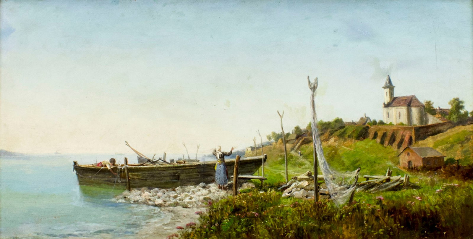 Antique 19C European oil painting: ARTIST: - (Europe, 19 century) TITLE: Coastal Scene with Fishing Boat MEDIUM: oil on board CONDITION: Few small scratches/paint losses. Some scattered small inpaintings mostly on the sky. ART SIZE: 13