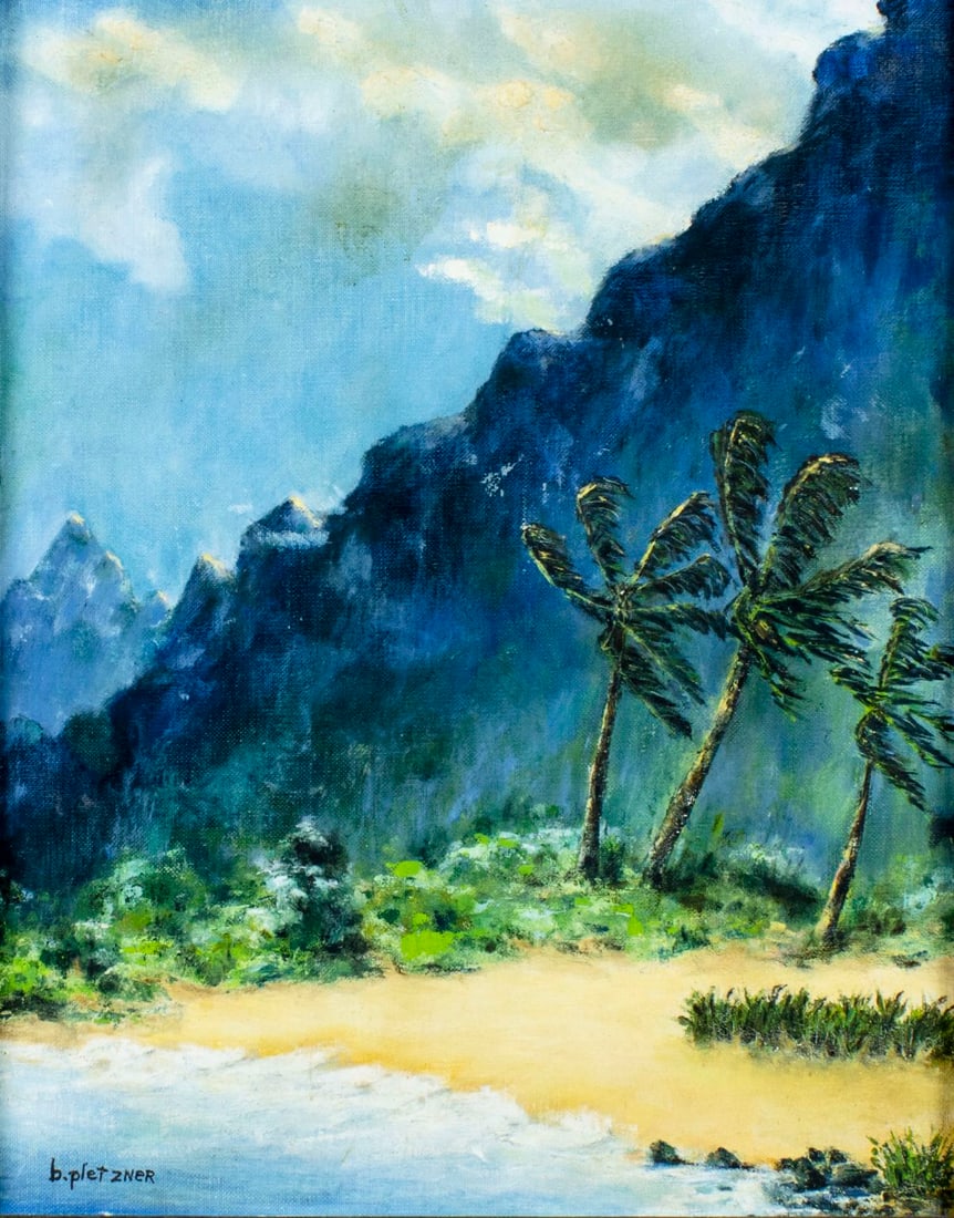 Betty Pletzner (FL,20C) oil painting: ARTIST: Betty Pletzner (Florida, 20 century) TITLE: Landscape - Before the Storm (titled on verso) MEDIUM: oil on canvas board CONDITION: Minor paint losses. Minor craquelure. No visible inpaint under
