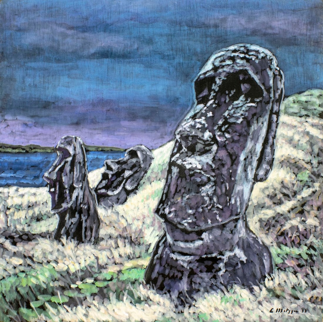Evelyn Metzger (NY,Brazil,1911-2007) oil painting: ARTIST: Evelyn Borchard Metzger (New York, Brazilian, 1911 - 2007) TITLE: Moai, Easter Island YEAR: 1992 MEDIUM: oil on board CONDITION: Very good. No visible inpaint under UV light. ART SIZE: 24 x 24