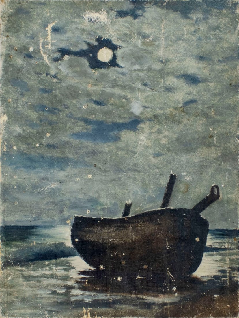 John Mansfield (MA,CT,1849-1933) oil painting antique: ARTIST: John Worthington Mansfield (Massachusetts, Connecticut, 1849 - 1933) TITLE: Moonlit Seascpe with Fishing Boat MEDIUM: oil on canvas CONDITION: Unstretched (In-House stretching available). Some