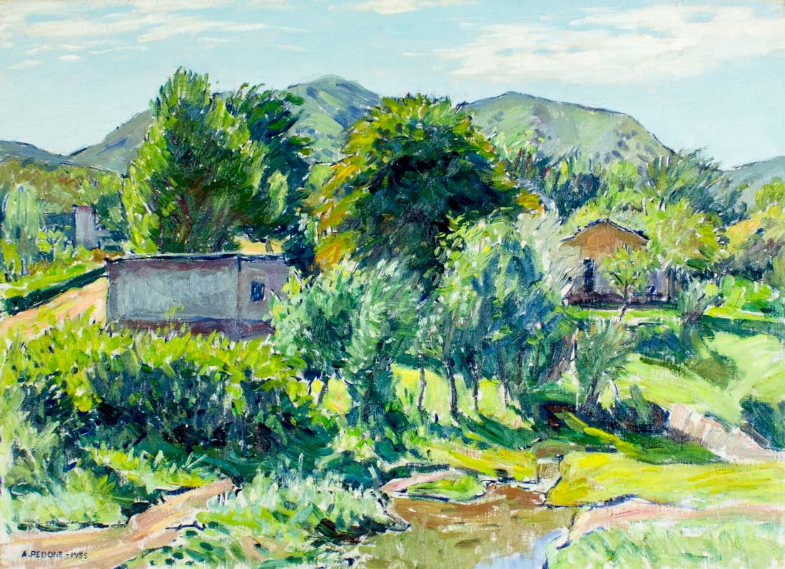 Antonio Pedone (Argentina,1899-1973) oil painting: ARTIST: Antonio Pedone (Argentinian, 1899 - 1973) NAME: Landscape YEAR: 1955 MEDIUM: oil on canvas board CONDITION: Very good. No visible inpaint under UV light. SIGHT SIZE: 20 x 28 inches / 50 x 71 c