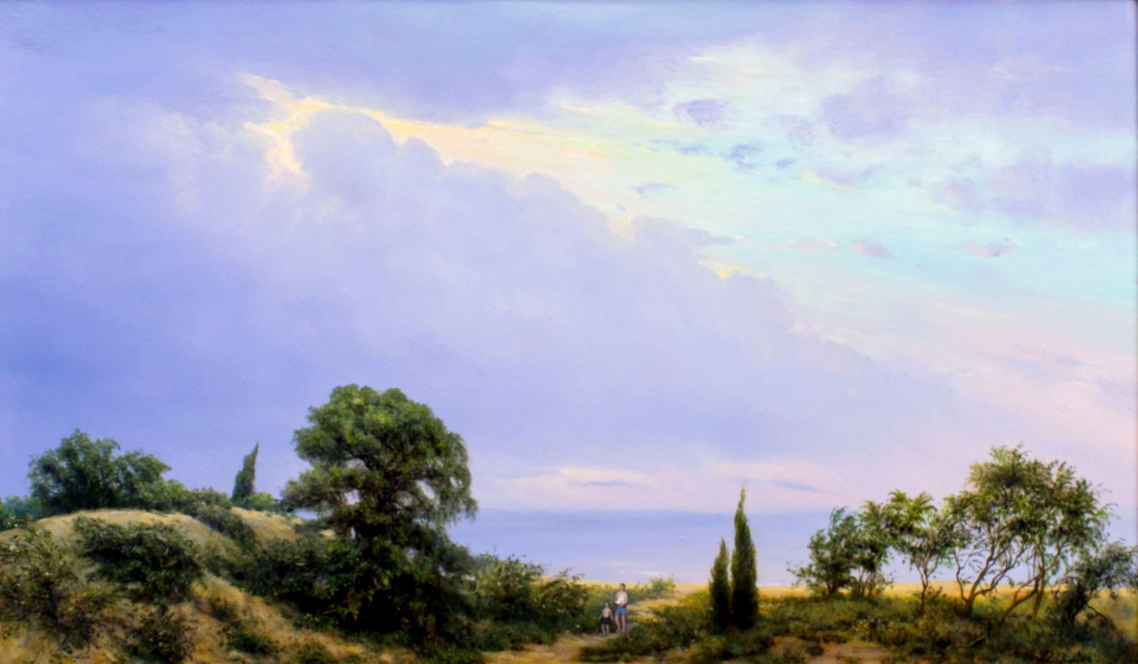 Nicholas Oberling (NY,MT,b 1963) oil painting: ARTIST: Nicholas Oberling (New York, Montana, born 1963) TITLE: Coastal Landscape MEDIUM: oil on board CONDITION: Very good. No visible inpaint under UV light. ART SIZE: 14 x 24 inches / 35 x 60 cm FR