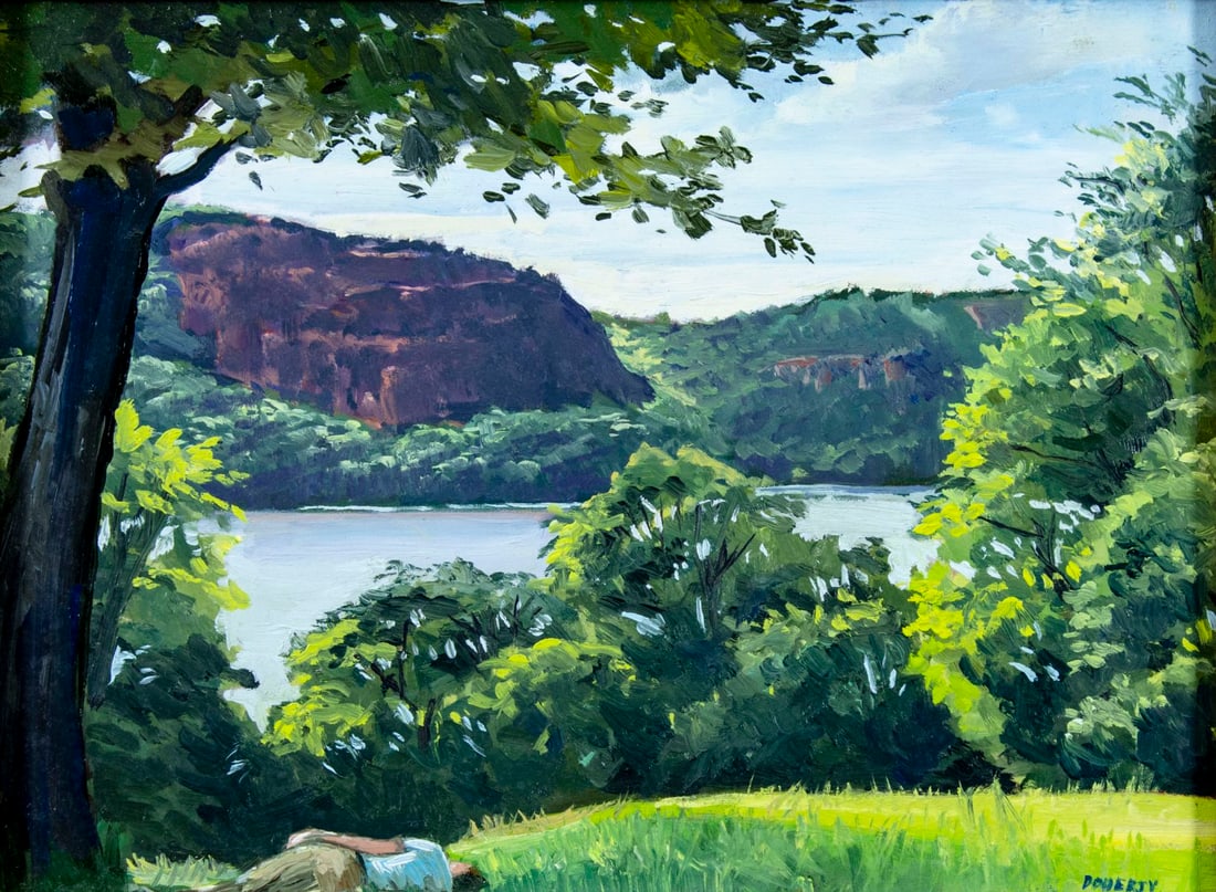 M Stephen Doherty (NY,LA,1948-2022) oil painting: ARTIST: M Stephen Doherty (New York, Louisiana, 1948 - 2022) TITLE: Afternoon Along the Hudson River (titled on label) MEDIUM: oil on board CONDITION: Very good. No visible inpaint under UV light. Wea