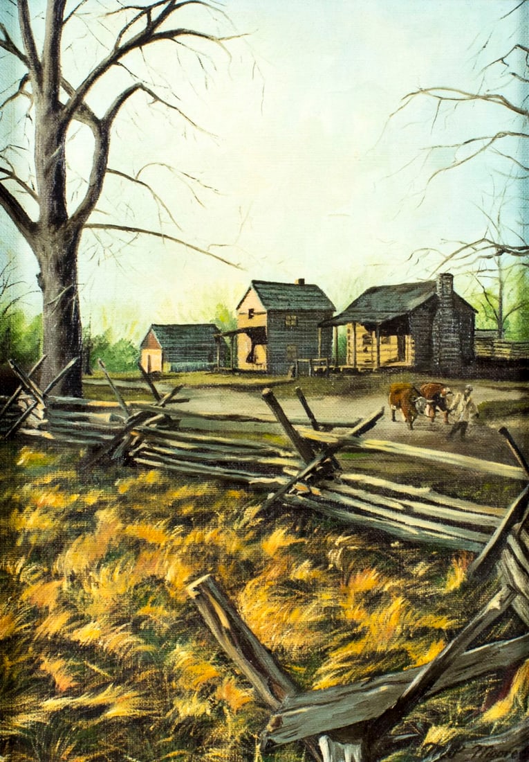 Pat Moore (Illinois,20C) oil painting: ARTIST: Pat Moore (Illinois, 20 century) NAME: Landscape, New Salem, IL YEAR: 1971 MEDIUM: oil on canvas board CONDITION: Very good. No visible inpaint under UV light. SIGHT SIZE: 14 x 10 inches / 35 