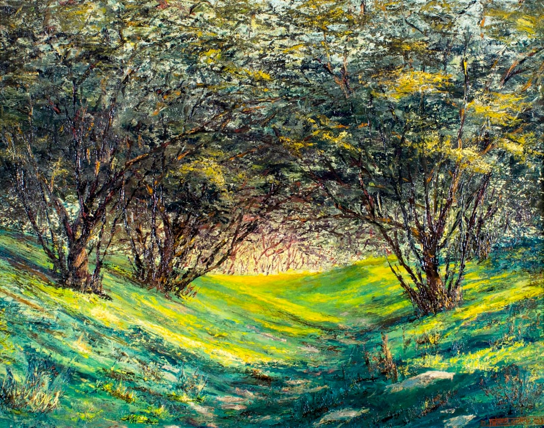 D Finardi Giogi (Argentina,mid 20C) oil painting: ARTIST: D Finardi Giogi (Argentinian, mid 20 century) TITLE: Forest Landscape - Mother Nature (titled on stretcher) YEAR: 1955 MEDIUM: oil on canvas CONDITION: Missing a few flakes of paint. No visibl