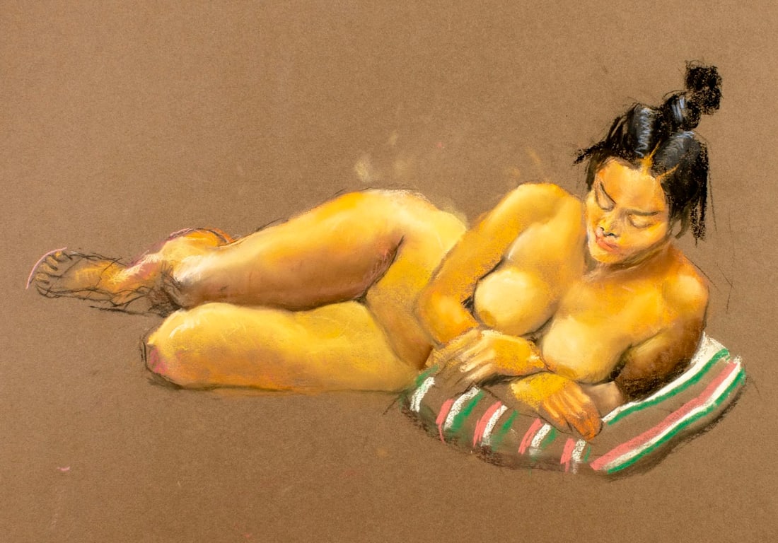 Karl Foster (PA,b 1933) pastel painting: ARTIST: Karl Foster (Pennsylvania, born 1933) TITLE: Reclining Nude MEDIUM: pastel on heavy paper CONDITION: Very good. ART SIZE: 20 x 26 inches / 50 x 66 cm FRAME SIZE: unframed (In-House framing ava