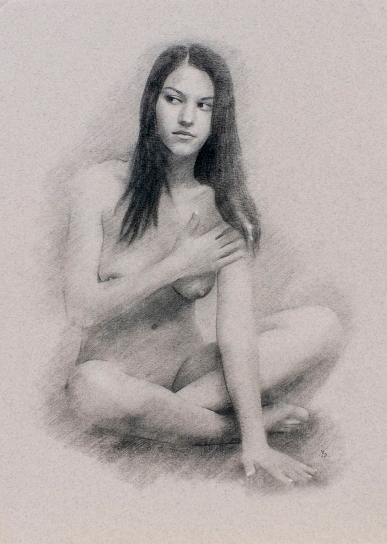 Arthur Smith (UK,20/21C) graphite painting: ARTIST: Arthur Smith (United Kingdom, 20/21 centuries) TITLE: Nude MEDIUM: graphite on paper CONDITION: Very good. ART SIZE: 12 x 8 inches / 30 x 20 cm FRAME SIZE: unframed (In-House framing available