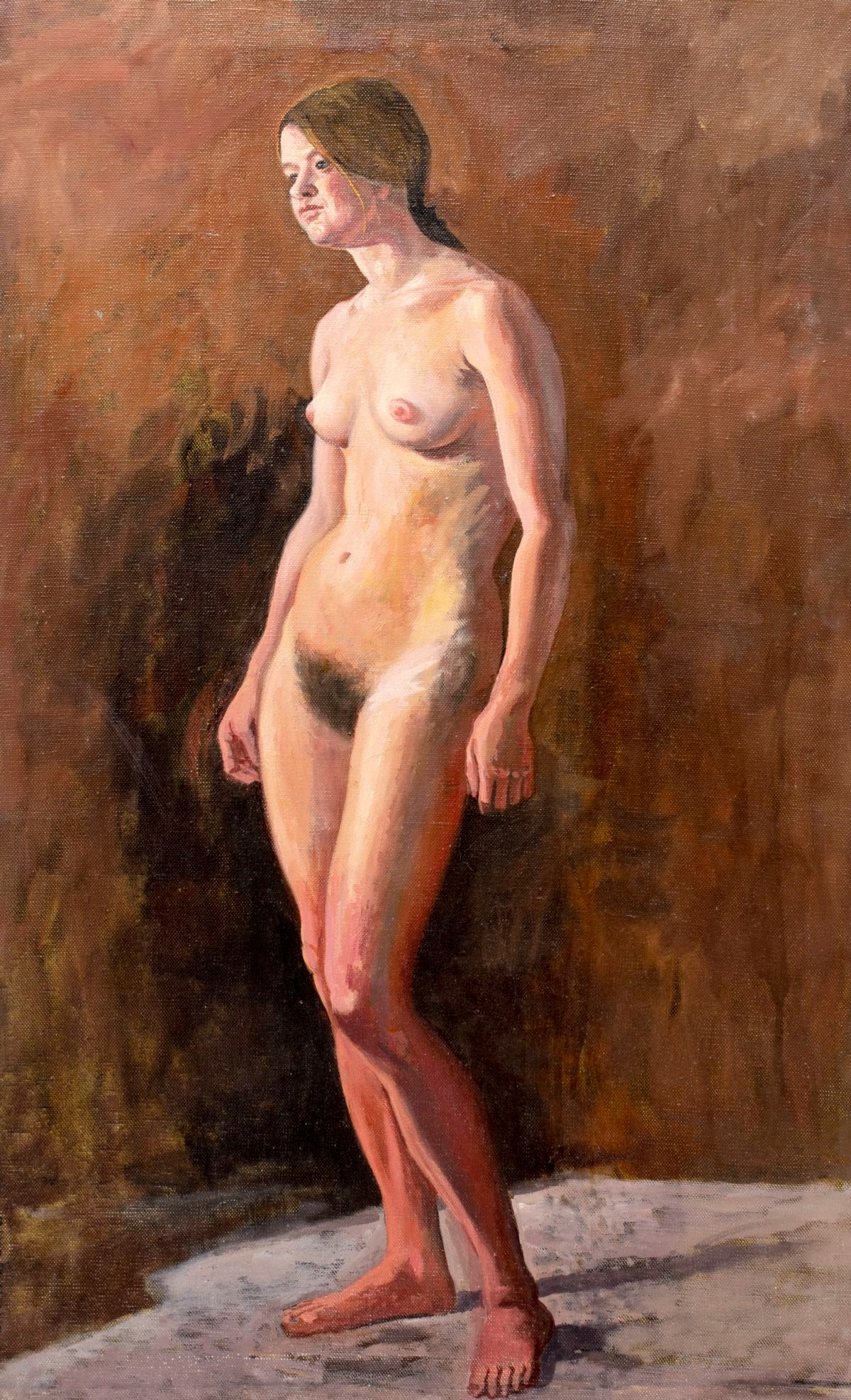 Mervin Honig (NY,1920-1990) oil painting: ARTIST: Mervin Honig (New York, 1920 - 1990) TITLE: Nude - Study of Nancy (titled on verso) YEAR: 1978 MEDIUM: oil on canvas CONDITION: Few minor paint losses. No visible inpaint under UV light. ART S