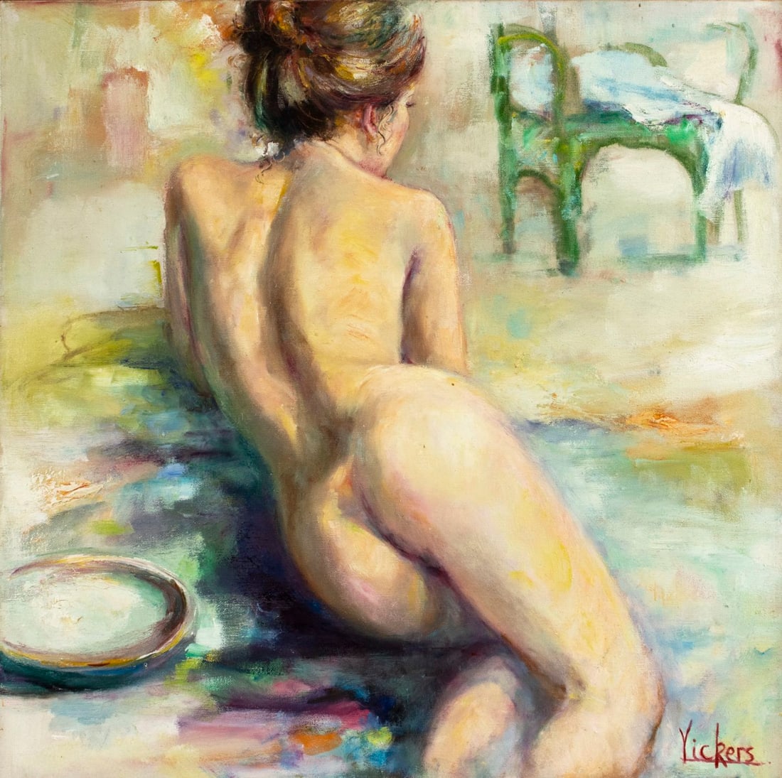 Vickers (US,mid 20C) oil painting: ARTIST: Vickers (American, mid 20 century) TITLE: Reclining Nude MEDIUM: oil on canvas CONDITION: Overall good. No visible inpaint under UV light. ART SIZE: 24 x 24 inches / 60 x 60 cm FRAME SIZE: 30