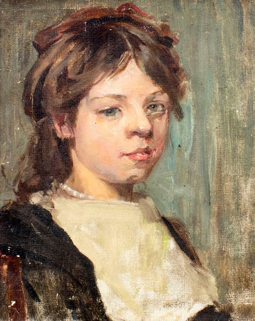 Antique mid 20C British oil painting: ARTIST: - (United Kingdom, mid 20 century) NAME: Portrait of Girl MEDIUM: oil on canvas board CONDITION: Few minor paint losses. No visible inpaint under UV light. Minor damages to frame. SIGHT SIZE: 