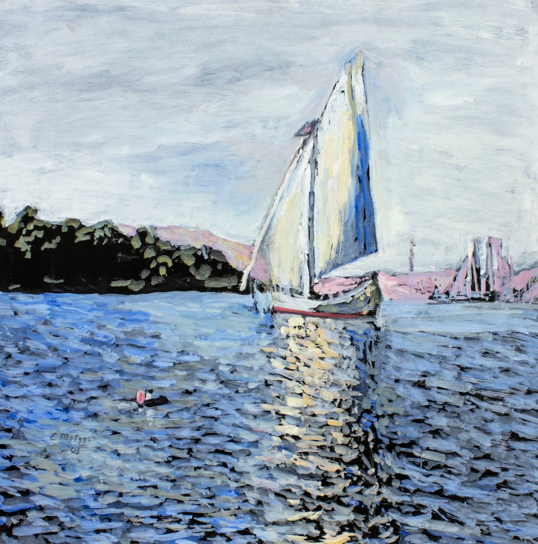 Evelyn Metzger (NY,Brazil,1911-2007) oil painting: ARTIST: Evelyn Borchard Metzger (New York, Brazilian, 1911 - 2007) TITLE: Sailboat YEAR: 2003 MEDIUM: oil on board CONDITION: Minor damage to lower left corner. Few minor scratches. No visible inpaint