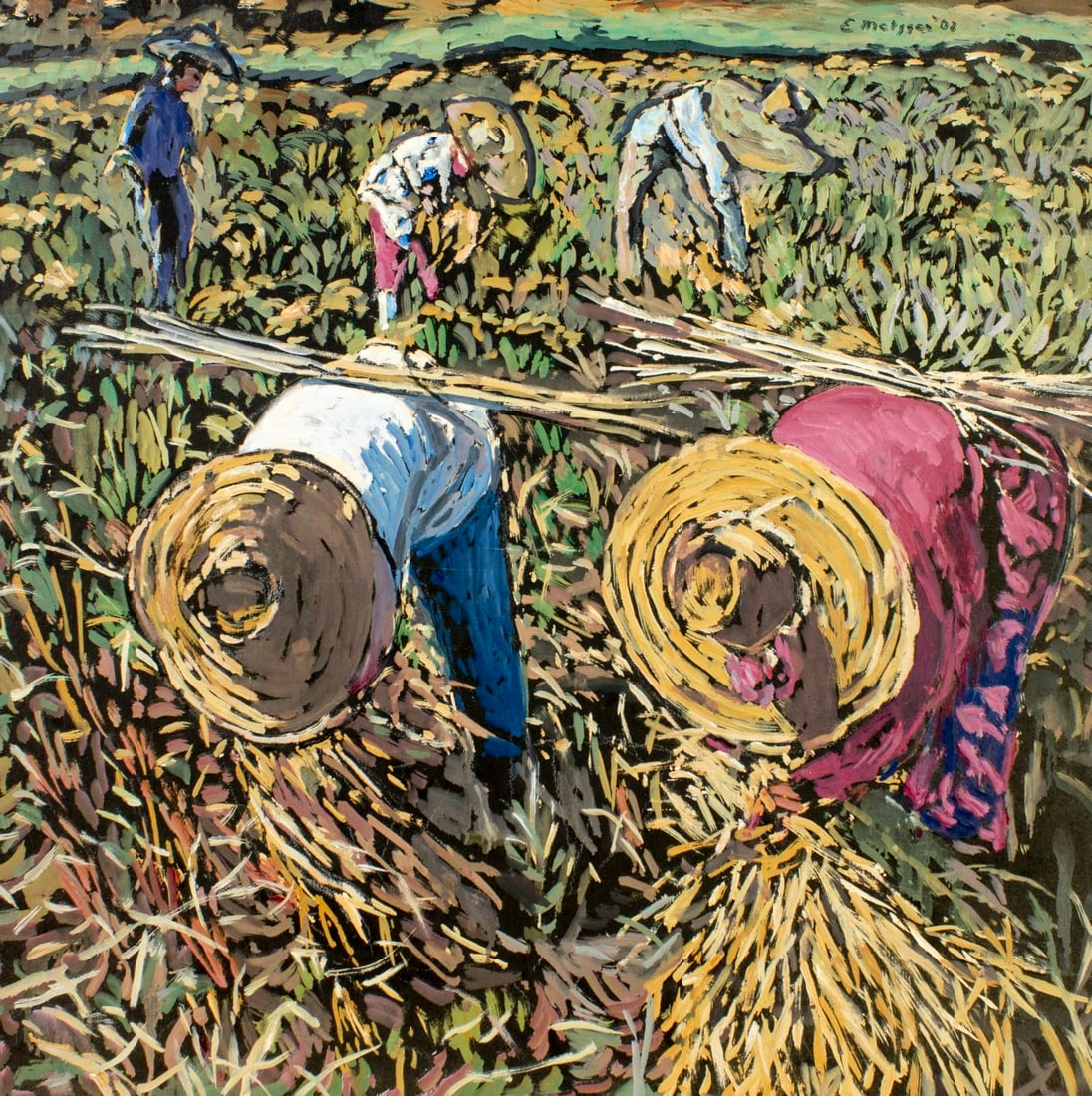 Evelyn Metzger (NY,Brazil,1911-2007) oil painting: ARTIST: Evelyn Borchard Metzger (New York, Brazilian, 1911 - 2007) TITLE: Asian Farmers YEAR: 2002 MEDIUM: oil on board CONDITION: Minor damages to edges. No visible inpaint under UV light. ART SIZE: 