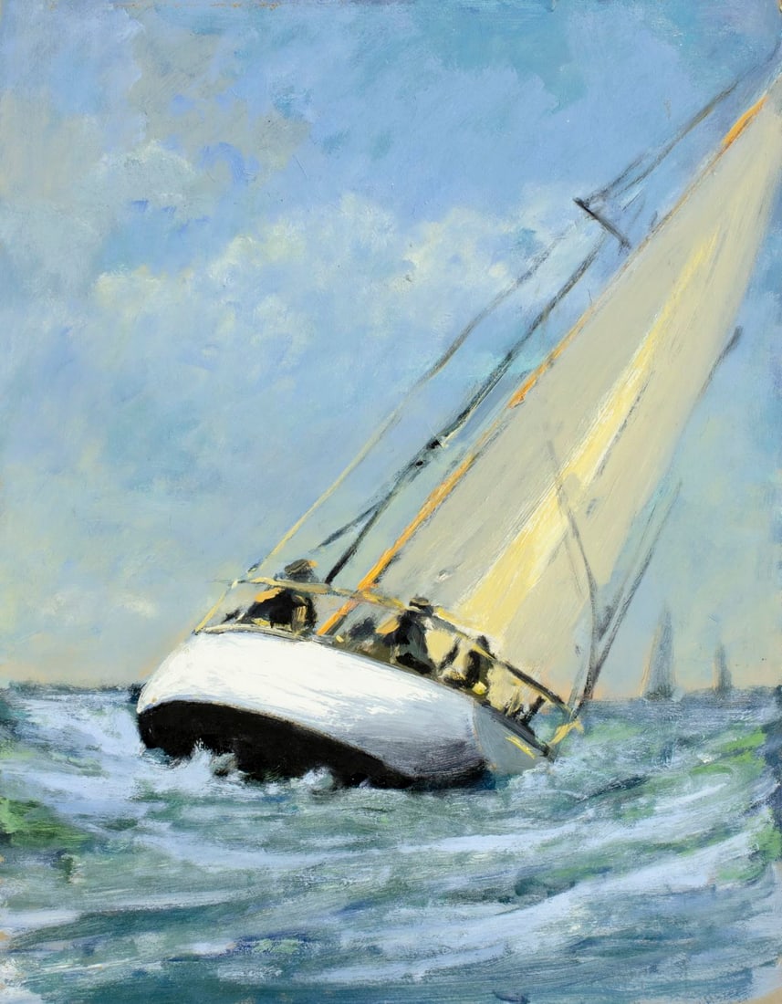 Robert Waltsak (NJ,b 1944) oil painting: ARTIST: Robert Alan Waltsak (New Jersey, born 1944) TITLE: Sailing Yacht MEDIUM: oil on board CONDITION: Some small damages to upper edge. Few minor scratches. No visible inpaint under UV light. ART S