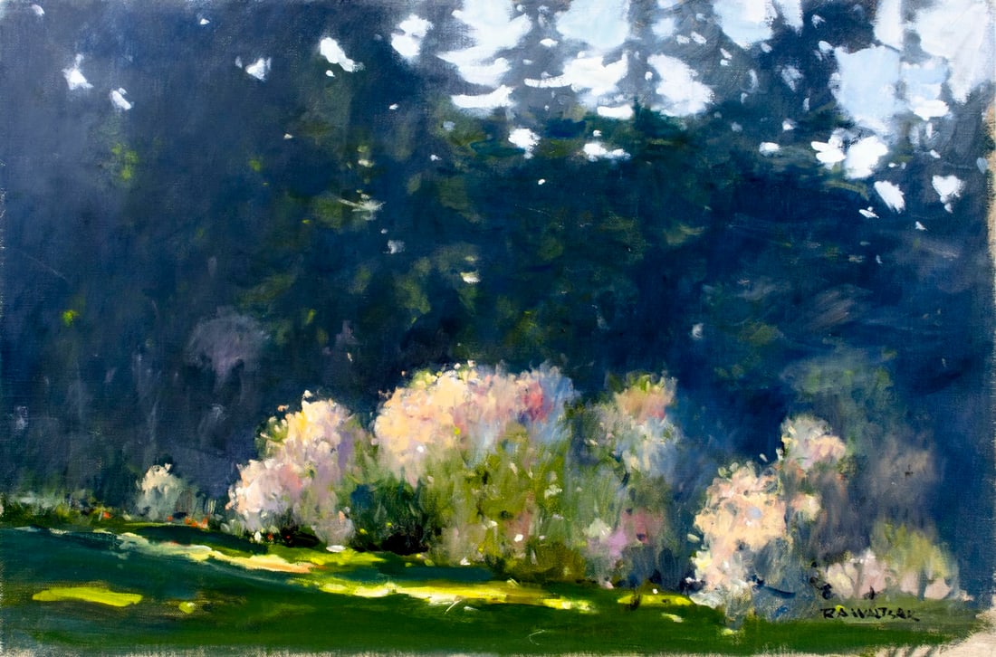 Robert Waltsak (NJ,b 1944) oil painting: ARTIST: Robert Alan Waltsak (New Jersey, born 1944) TITLE: Forest Landscape MEDIUM: oil on canvas CONDITION: Few minor scratches/paint losses. No visible inpaint under UV light. ART SIZE: 16 x 24 inch