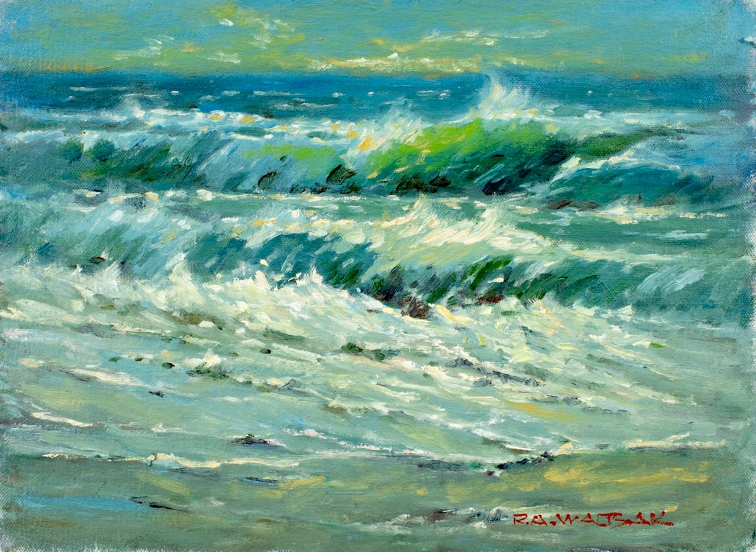 Robert Waltsak (NJ,b 1944) oil painting: ARTIST: Robert Alan Waltsak (New Jersey, born 1944) TITLE: Seascape MEDIUM: oil on canvas board CONDITION: Very good. No visible inpaint under UV light. ART SIZE: 12 x 16 inches / 30 x 40 cm FRAME SIZ