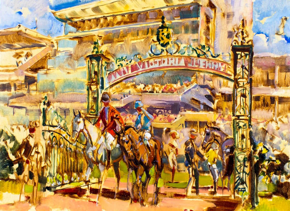 Peter Williams (NY,New Zealand,1934-2018) oil painting: ARTIST: Peter Williams (New York, New Zealand, 1934 - 2018) TITLE: Racing at Royal Victoria MEDIUM: oil on canvas CONDITION: Very good. No visible inpaint under UV light. ART SIZE: 18 x 24 inches / 45