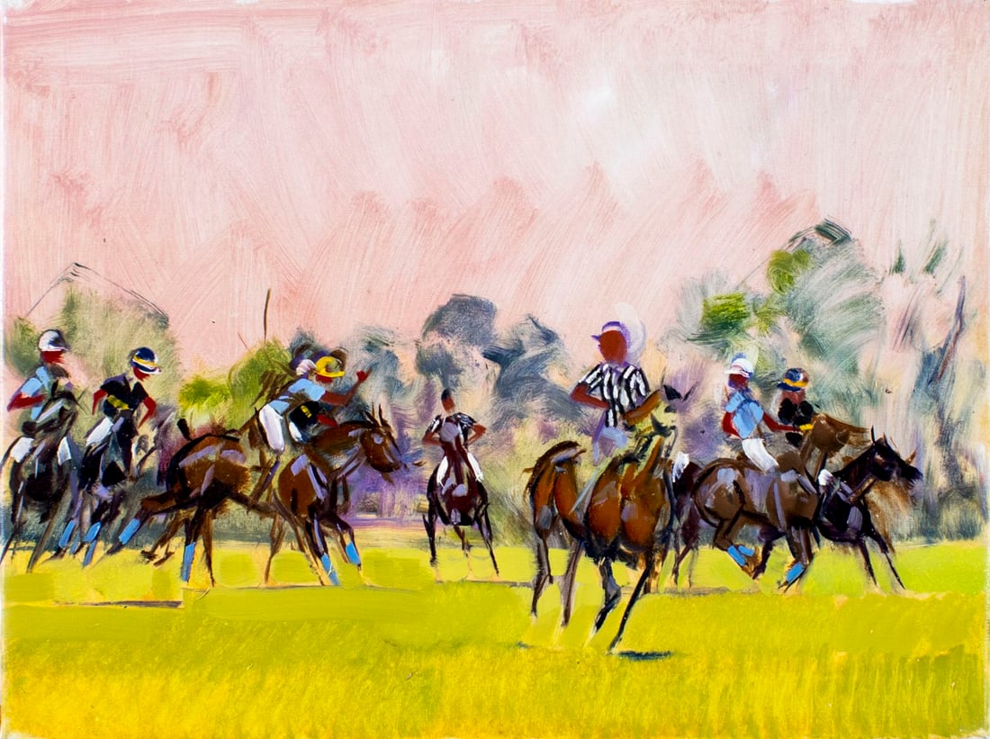 Peter Williams (NY,New Zealand,1934-2018) oil painting: ARTIST: Peter Williams (New York, New Zealand, 1934 - 2018) TITLE: Polo MEDIUM: oil on canvas CONDITION: Very good. No visible inpaint under UV light. ART SIZE: 18 x 24 inches / 45 x 60 cm FRAME SIZE: