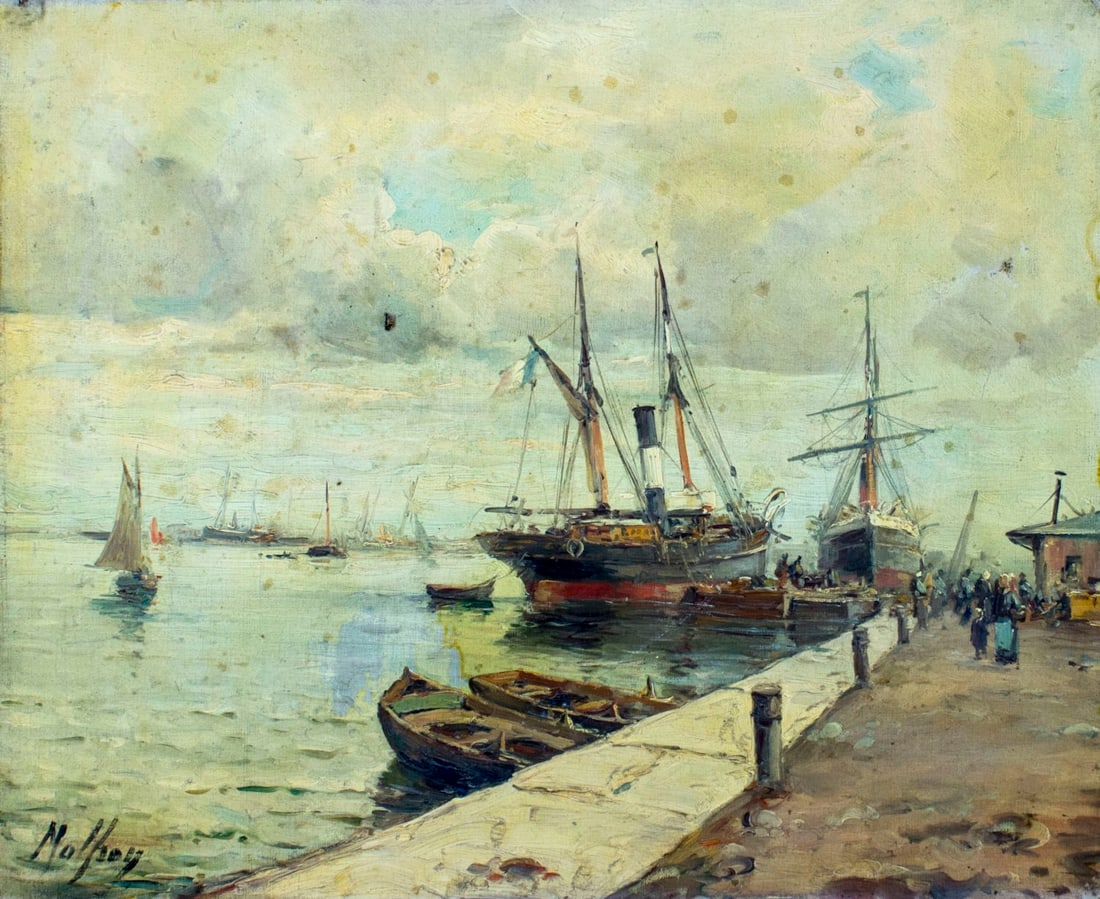 Charles Malfroy (French,1862-1951) oil painting: ARTIST: Charles Malfroy (France, 1862 - 1951) NAME: Harbor Scene MEDIUM: oil on canvas CONDITION: Two punctures. Missing few flakes of paint. Would benefit from cleaning (has some dark spots). Very mi