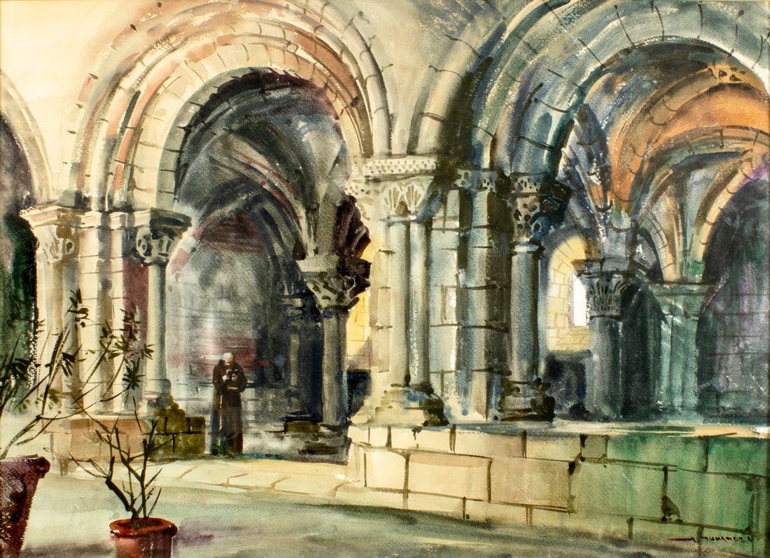 Stephen Juharos (AZ,Hungary,1913-2010) watercolor painting: ARTIST: Stephen Juharos (Arizona, Hungarian, 1913 - 2010) TITLE: Monastery (titled on label) MEDIUM: watercolor on heavy paper CONDITION: Overall good. ART SIZE: 21 x 29 inches / 53 x 73 cm MAT SIZE: 