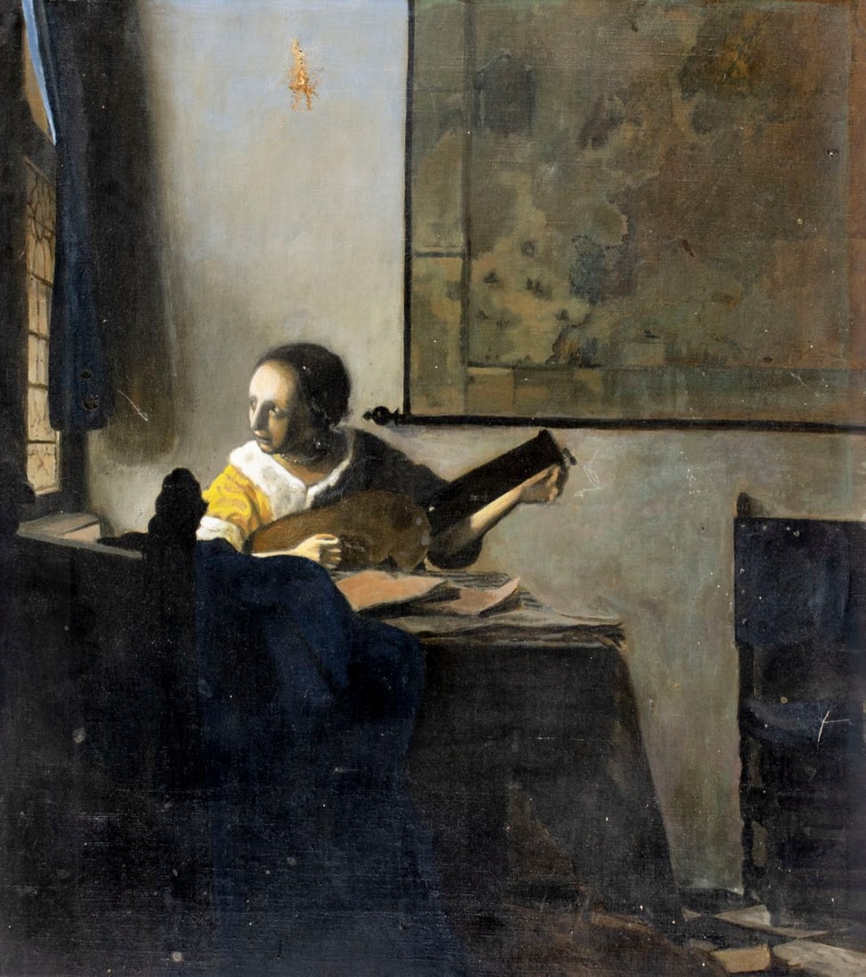 Mervin Honig (NY,1920-1990) oil painting: ARTIST: Mervin Honig (New York, 1920 - 1990) TITLE: Mandolin Player YEAR: 1949 MEDIUM: oil on canvas CONDITION: One patch. Some scratches/paint losses. Few scattered minor inpaintings. ART SIZE: 20 x 