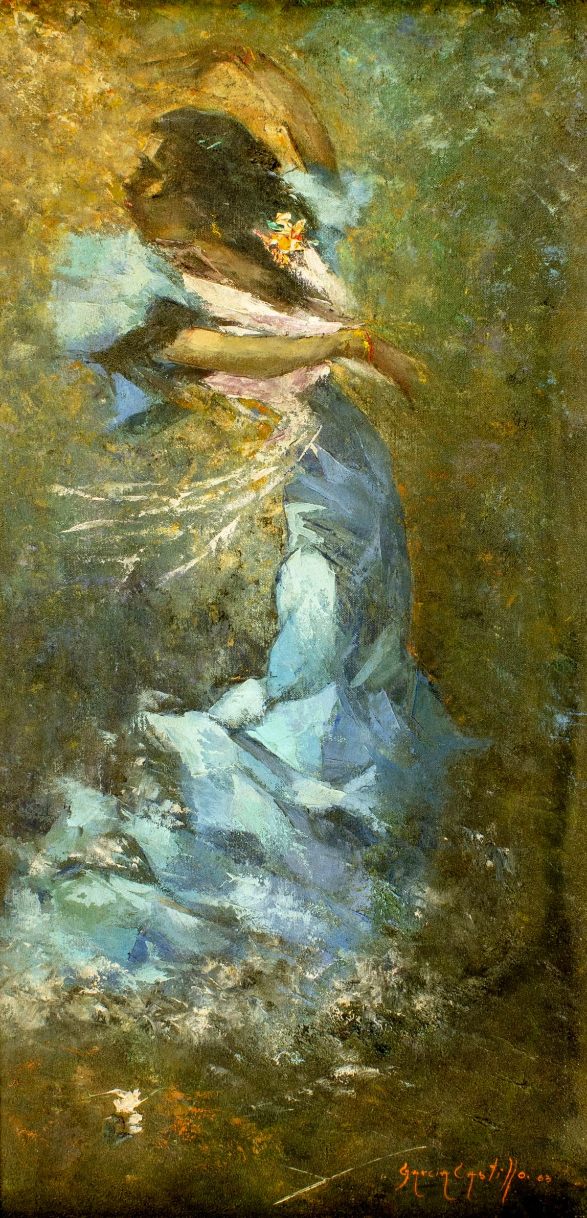 Garcia Castillo (Spain,mid 20C) oil painting: ARTIST: Garcia Castillo (Spanish, mid 20 century) TITLE: Flamenco Dancer YEAR: 1963 MEDIUM: oil on canvas CONDITION: Very good. No visible inpaint under UV light. ART SIZE: 24 x 12 inches / 60 x 30 cm