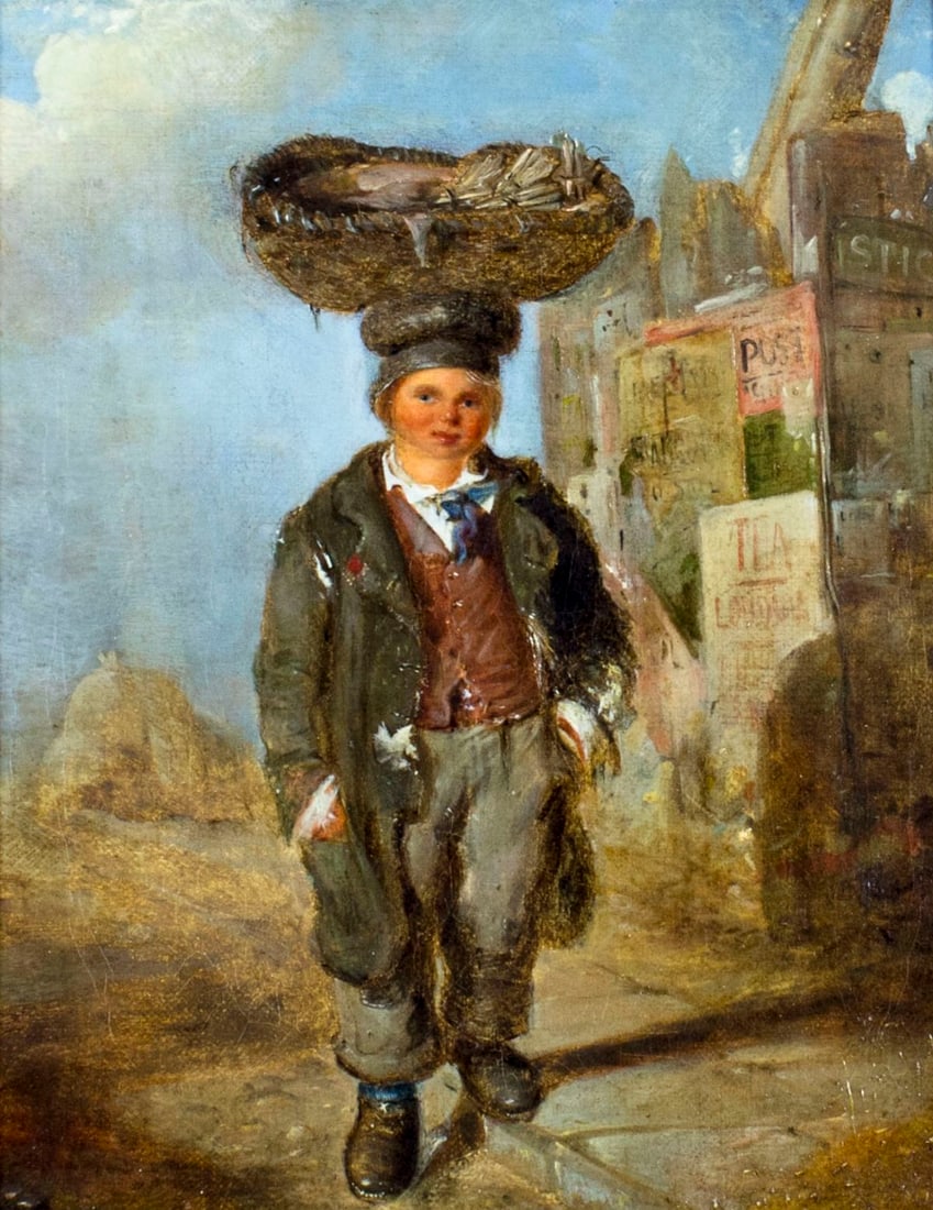 Antique 19C British oil painting: ARTIST: - (United Kingdom, 19 century) NAME: Boy with Basket MEDIUM: oil on canvas CONDITION: Minor craquelure. No visible inpaint under UV light. Some damages to frame. SIGHT SIZE: 10 x 8 inches / 25