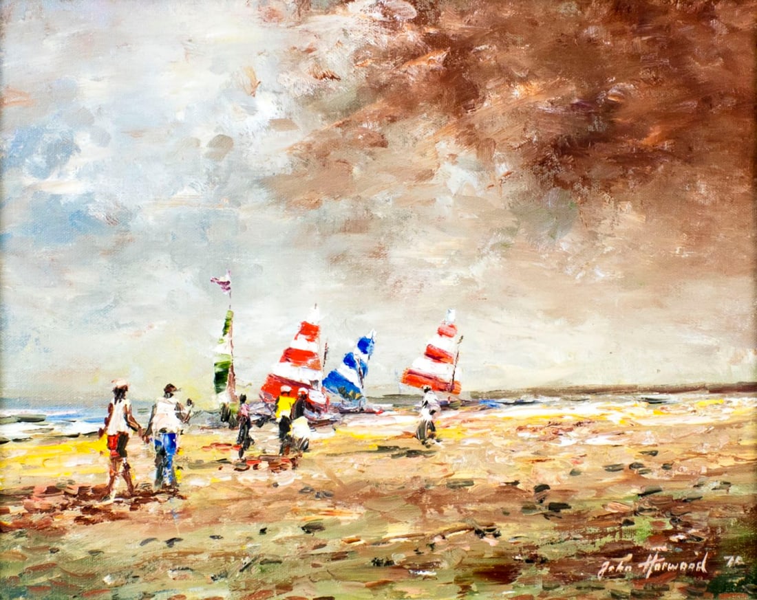 John Horwood (UK,1934-1994) oil painting: ARTIST: John Anthony Horwood (British, 1934 - 1994) TITLE: Sailboats (titled on verso) YEAR: 1976 MEDIUM: oil on canvas CONDITION: Very good. No visible inpaint under UV light. ART SIZE: 11 x 14 inche