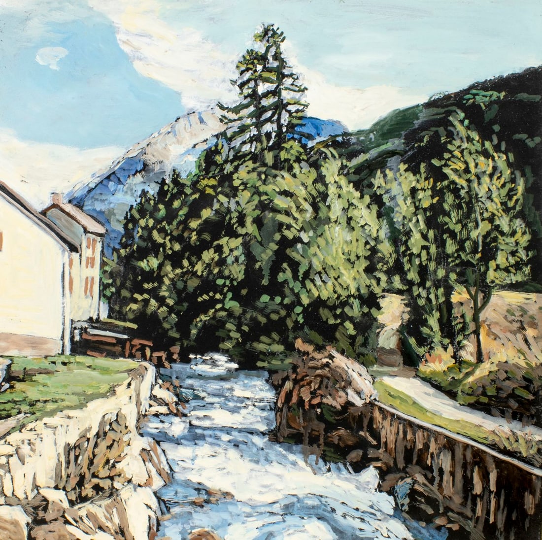 Evelyn Metzger (NY,Brazil,1911-2007) oil painting: ARTIST: Evelyn Borchard Metzger (New York, Brazilian, 1911 - 2007) TITLE: River Landscape MEDIUM: oil on board CONDITION: Minor damage to lower left corner. Few faint scratches. No visible inpaint und