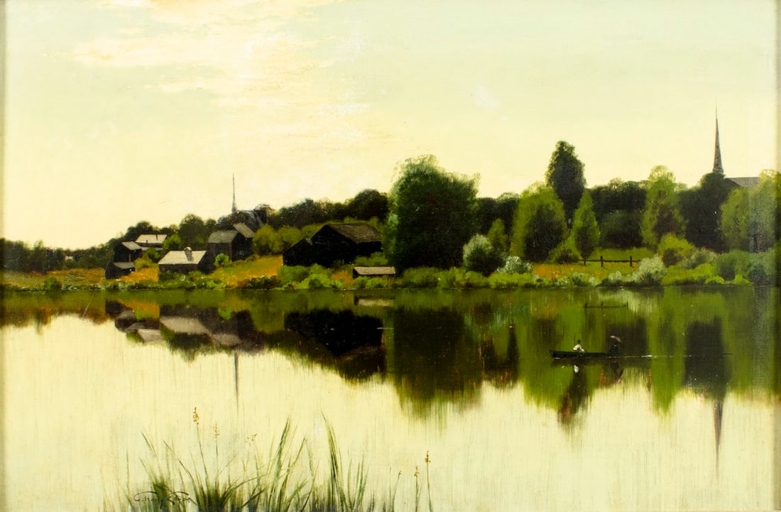 Charles Harry Eaton (MI,IL,1850-1901) oil painting antique: ARTIST: Charles Harry (Henry) Eaton (Michigan, Illinois, 1850 - 1901) TITLE: Countryside River Landscape MEDIUM: oil on canvas CONDITION: Relined. Minor stable craquelure. Some scattered small inpaint