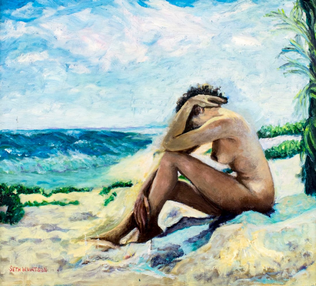 Seth W Watson (US,early 20C) oil painting antique: ARTIST: Seth W Watson (American, early 20 century) NAME: Nude at the Beach MEDIUM: oil on canvas CONDITION: Few small scrathes/paint losses. Minor craquelure. Few very small scattered inpaintings/touc