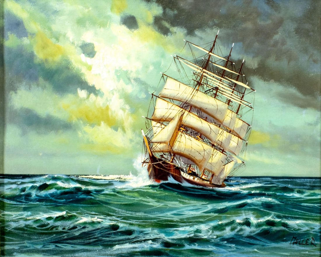 Muller (US,20C) oil painting: ARTIST: Muller (American, 20 century) TITLE: Sail Ship MEDIUM: oil on canvas CONDITION: Few small paint losses. No visible inpaint under UV light. ART SIZE: 16 x 20 inches / 40 x 50 cm FRAME SIZE: 21