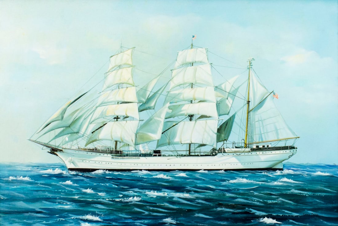 Dean Percy (US,20C) oil painting: ARTIST: Dean Percy (American, 20 century) NAME: Sail Ship MEDIUM: oil on canvas CONDITION: One small paint loss. No visible inpaint under UV light. SIGHT SIZE: 24 x 36 inches / 60 x 91 cm FRAME SIZE: 