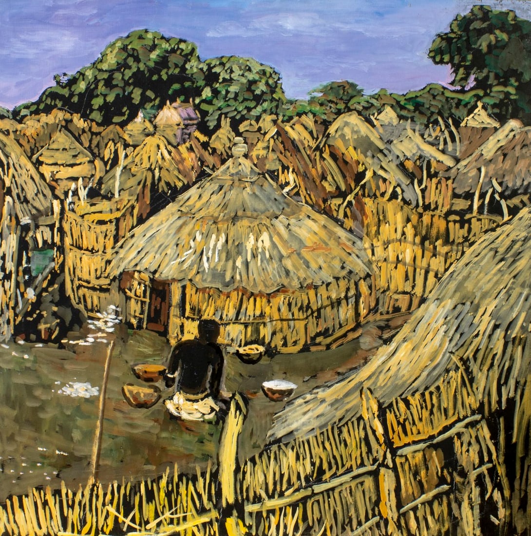 Evelyn Metzger (NY,Brazil,1911-2007) oil painting: ARTIST: Evelyn Borchard Metzger (New York, Brazilian, 1911 - 2007) TITLE: Etheopian Village Scene YEAR: 2002 MEDIUM: oil on board CONDITION: Some small damage to lower right corner. No visible inpaint