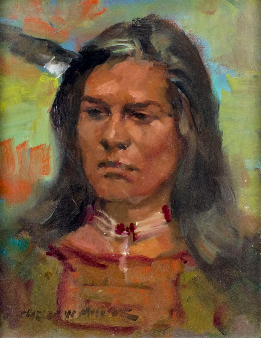 Charles Miller (IL,WY,1922-1995) oil painting: ARTIST: Charles Winfield Miller (Illinois, Wyoming, 1922 - 1995) NAME: Portrait of Indian Man YEAR: 1991 MEDIUM: oil on canvas CONDITION: Very good. No visible inpaint under UV light. SIGHT SIZE: 14 x