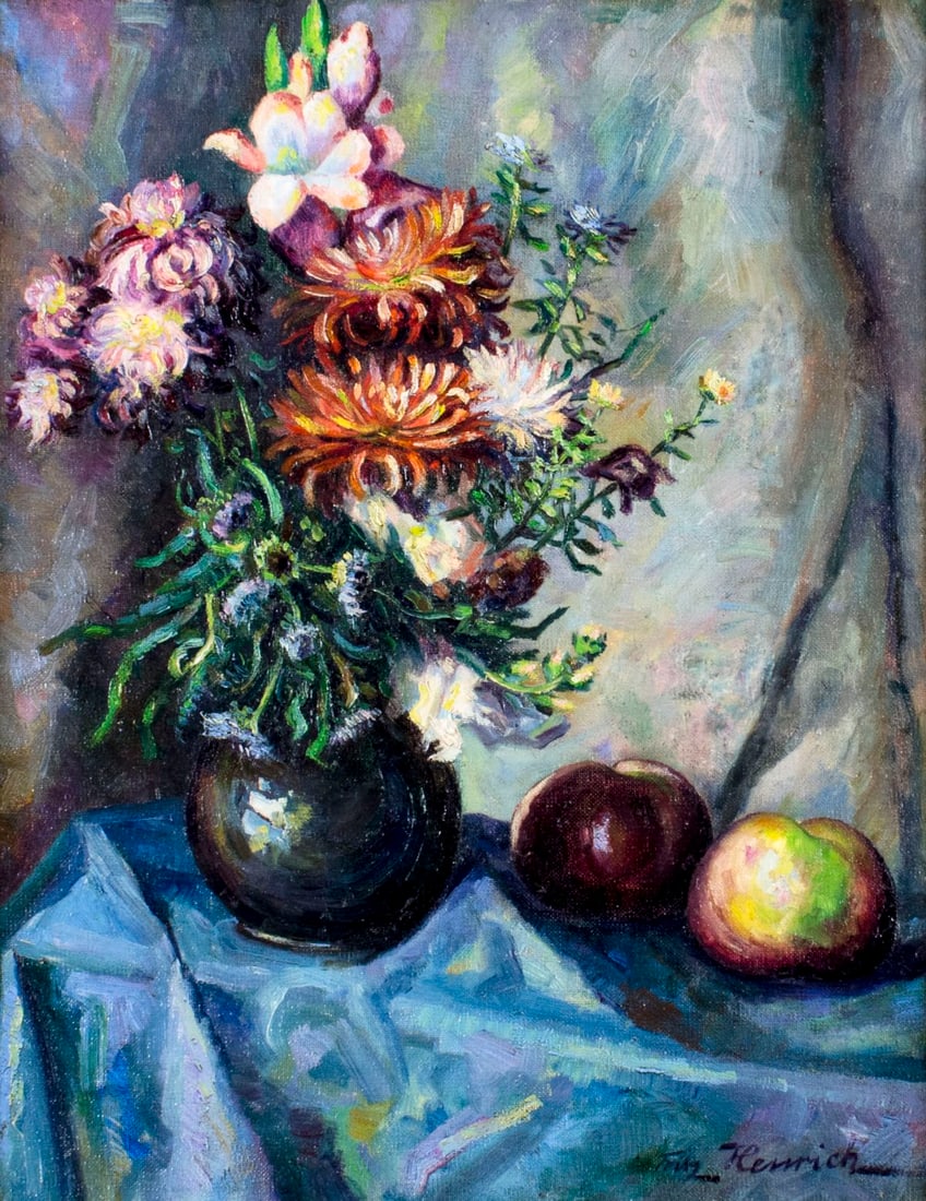 Fritz Henrich (German,19/20C) oil painting antique: ARTIST: Fritz Henrich (Germany, 19/20 century) NAME: Still Life with Flowers and Apples YEAR: 1919 MEDIUM: oil on canvas CONDITION: Relined. No visible inpaint under UV light. SIGHT SIZE: 26 x 20 inch