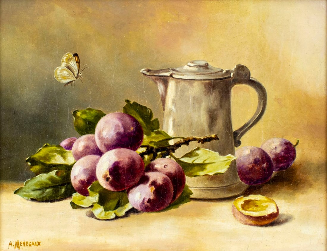 A Menegaux (France,early 20C) oil painting antique: ARTIST: A Menegaux (French, early 20 century) TITLE: Still Life with Prunes MEDIUM: oil on canvas CONDITION: Relined. Missing a few flakes of paint. Some craquelure. Some scattered inpaintings. ART SI