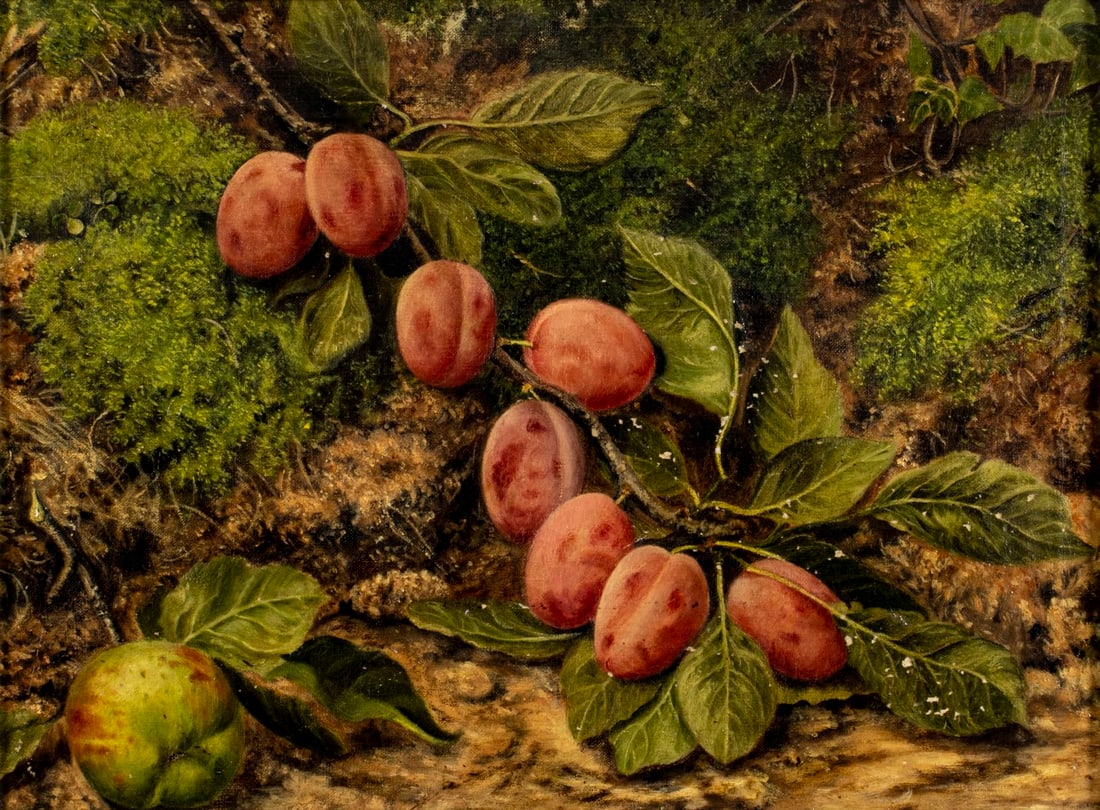 Antique 19C British oil painting: ARTIST: - (United Kingdom, 19 century) TITLE: Still Life with Fruits MEDIUM: oil on canvas CONDITION: Some paint losses. Minor craquelure. No visible inpaint under UV light. ART SIZE: 17 x 22 inches /