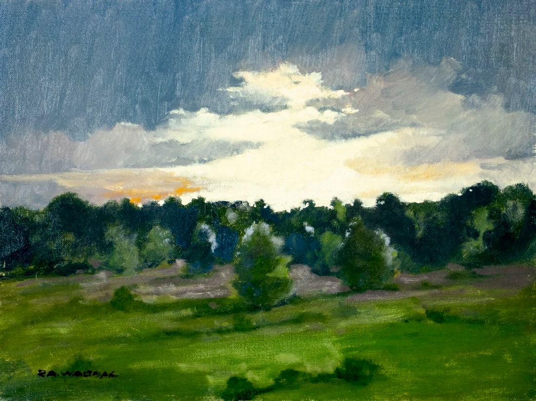 Robert Waltsak (NJ,b 1944) oil painting: ARTIST: Robert Alan Waltsak (New Jersey, born 1944) TITLE: Cloudy Forest Landscape MEDIUM: oil on canvas CONDITION: One minor scratch. No visible inpaint under UV light. Normal wear along edges. ART S