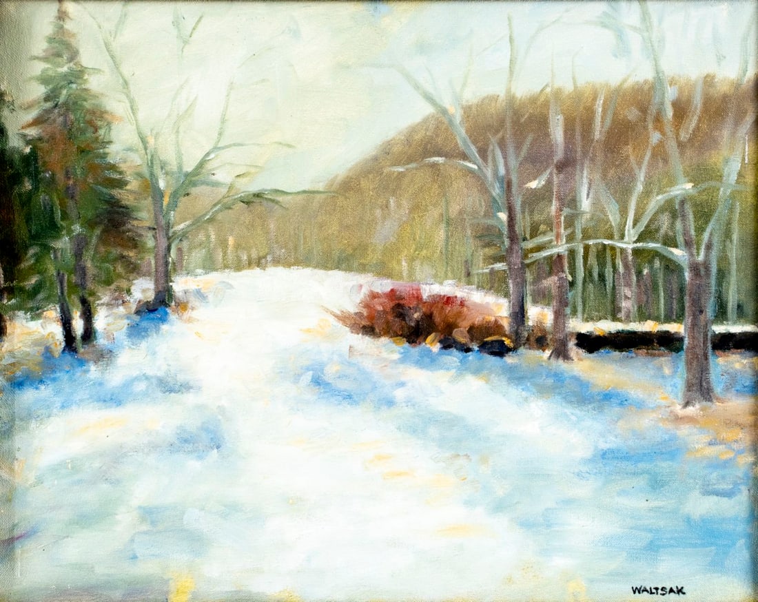 Robert Waltsak (NJ,b 1944) oil painting: ARTIST: Robert Alan Waltsak (New Jersey, born 1944) TITLE: Winter Forest Landscape MEDIUM: oil on canvas CONDITION: Few minor scratches/paint losses. No visible inpaint under UV light. Normal wear to 