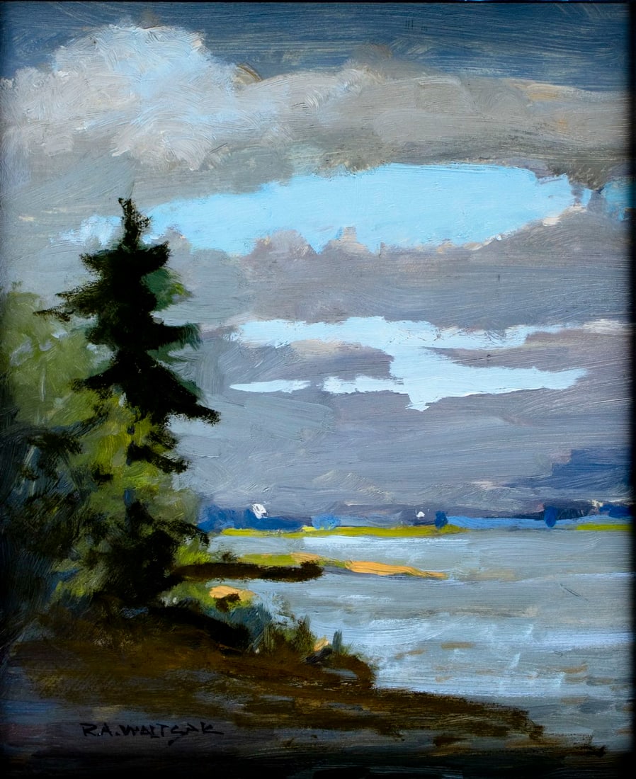 Robert Waltsak (NJ,b 1944) oil painting: ARTIST: Robert Alan Waltsak (New Jersey, born 1944) TITLE: Lake Landscape MEDIUM: oil on board CONDITION: Very good. No visible inpaint under UV light. ART SIZE: 12 x 10 inches / 30 x 25 cm FRAME SIZE