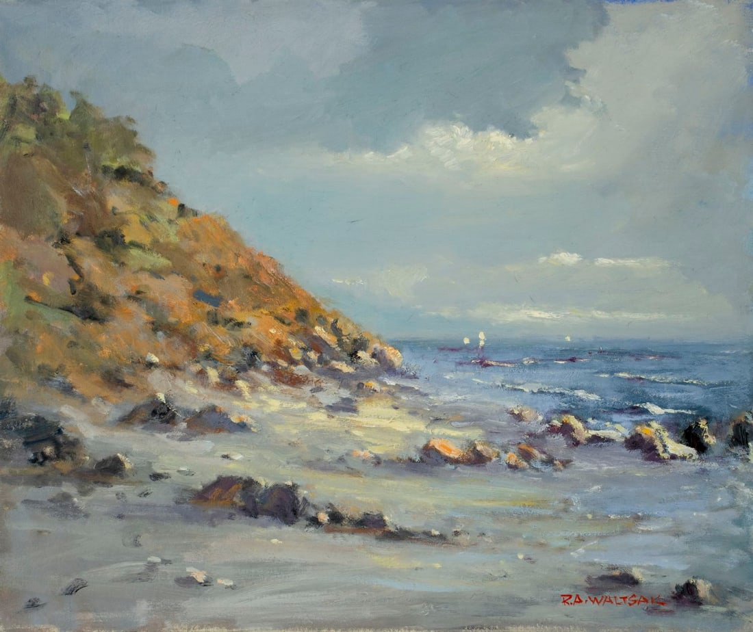 Robert Waltsak (NJ,b 1944) oil painting: ARTIST: Robert Alan Waltsak (New Jersey, born 1944) TITLE: Coastal Landscape MEDIUM: oil on canvas CONDITION: Very good. No visible inpaint under UV light. Normal wear along edges. ART SIZE: 20 x 24 i
