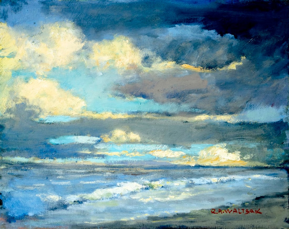 Robert Waltsak (NJ,b 1944) oil painting: ARTIST: Robert Alan Waltsak (New Jersey, born 1944) TITLE: Cloudy Seascape MEDIUM: oil on canvas CONDITION: One minor paint loss by the left edge. No visible inpaint under UV light. Normal wear along 